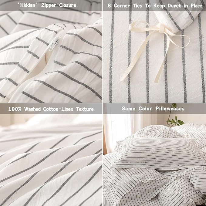 Stripe Duvet Cover Super Queen Size 98inch x 90inch, 100% Washed Cotton Linen Feel Duvet Cover with Zipper Closure and 2 Pillowcases, Color of White-Dark Grey Stripe