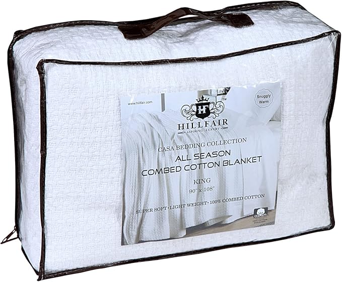 HILLFAIR 100% Combed Cotton Blanket– King Bed Blanket– Soft Cozy Warm Multipurpose Throws for Luxury Home Decor– 90 x 108 inch King Size Cotton Blankets for Beds- Bed Blankets for All Season- White