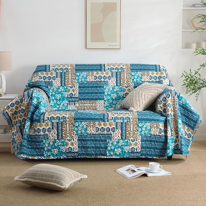 Mybedsoul Dusty Blue Quilt Set Queen Size, 3 Pieces Plaid Floral Bedspread Set Patchwork Reversible Bedding Set Microfiber Lightweight Bedspread Coverlet Set for All Season 96"x90"