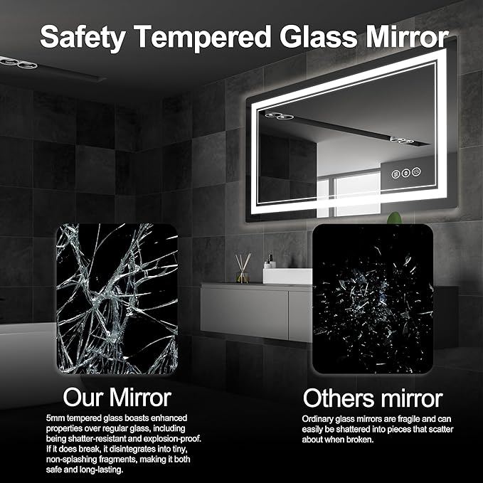 55"x 30" LED Bathroom Mirror with Front and Backlight, Bathroom Vanity Mirror with 3 Color Adjustable, Stepless Dimmable Light, Anti-Fog, Memory Function, Vanity Mirror for Wall(Horizontal/Vertical).