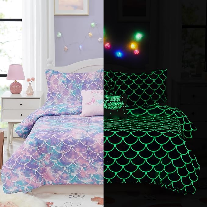 Kids Comforter Set Full Size for Girls, Glow in The Dark Mermaid Bedding Set 1 Comforter, 1 Decor Pillow, 2 Pillow Shams