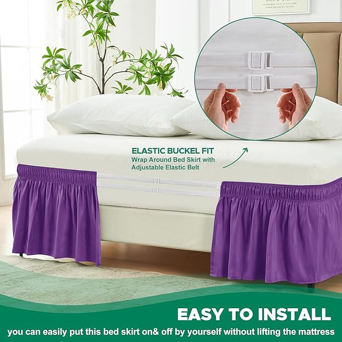 Biscaynebay Wrap Around Bed Skirts for Full & Full XL Beds 15" Drop, Eggplant Adjustable Elastic Dust Ruffles Easy Fit Wrinkle & Fade Resistant Silky Luxurious Fabric Machine Washable