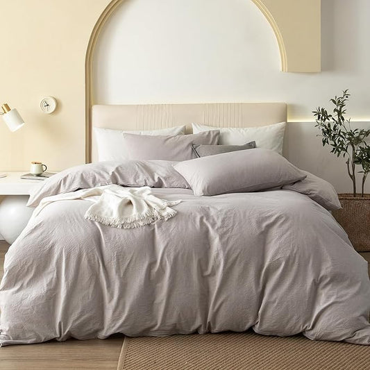 JIYUAN 100% Washed Cotton Duvet Cover Set 3 Pieces King, 1 Duvet Cover 104x90 Inches(Comforter Not Included) and 2 Pillowcases,Linen Feel Bedding Set Comfy and Breathable, Heathered Linen