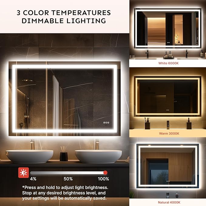 36x72'' LED Bathroom Mirror with Light, Frameless, Dimmable Front & Backlit, Anti-Fog, Distortion Free, Light Memory, Tempered and Shatter-Proof Wall Mounted Vanity Silver Coating Mirror