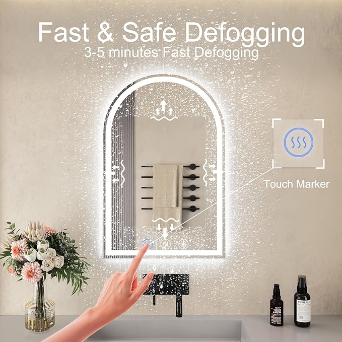 LED Bathroom Mirrors with Lights 24"x36" Arched Mirror for Wall,Led Vanity Mirror, Anti-Fog,LED Mirrors with Front Light and Backlit, Anti-Fog, Dimmable, 3 Color, Shatterproof, Touch Sensor