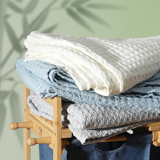 Aganear Waffle Blanket - Lightweight Breathable Summer Blanket of 50% Cotton and 50% Rayon Derived from Bamboo for Hot Sleepers Luxury Throws for Bed, Couch and Sofa,Blue,104x90 Inches