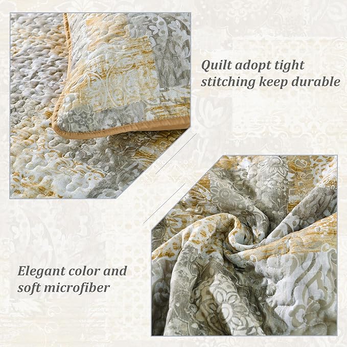 Mybedsoul Yellow Boho Quilt Set Queen Size 3 Pieces Grey and Yellow Plaid Floral Bedding Set Microfiber Lightweight Bohemian Patchwork Bedspread Coverlet Set for All Season 90"x96"