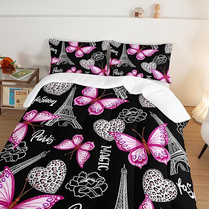 Pink Butterfly Comforter Full Bedding Sets for Girls, Eiffel Tower Leopard Heart Pattern Bedding Sets with 2 Pillowcases,Aesthetic Bedding for Women Girls Bedroom Paris Decor.