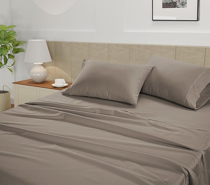 LANE LINEN California King Sheet Set – 450 Thread Count 100% Cotton Sheets, Soft & Breathable Sateen Weave, 15” Deep Pocket Fully Elasticized Fitted Sheet, Machine Washable Hotel Bedding, Taupe
