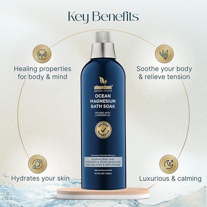 Ocean Magnesium Bath Soak Infused with Lavender Oil to Hydrate, Soothe and Moisturize Skin, Relax and Replenish Muscles, Highly Concentrated Pure Magnesium Salts, 500mL