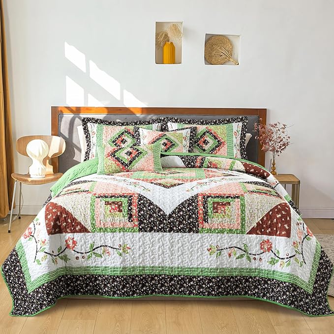 BEDIFANY Queen Size Quilt Set - Lightweight Cotton Filling Bedspread Queen Size (90 x 98 Inch) Coverlet Set - Floral Queen Quilt Bedding Sets for Bed Decorations - All Seasons, 3 Pieces - Green