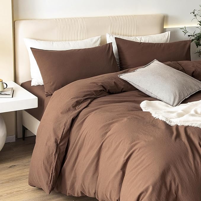 JIYUAN 100% Washed Cotton Duvet Cover Set 3 Pieces Oversized Queen, 1 Duvet Cover 98x98 Inches(Comforter Not Included) and 2 Pillowcases,Linen Feel Bedding Set Comfy and Breathable,Chocolate Brown