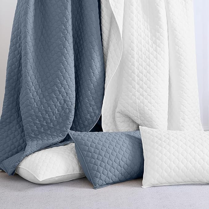 HORIMOTE HOME Quilt Queen Size Dusty Blue, Lightweight Quilt for Summer Ultra-Soft Microfiber Modern Style Quilted Clouds Pattern Bedspread Quit Set 3 Pieces(1 Quilt and 2 Pillow Shams)