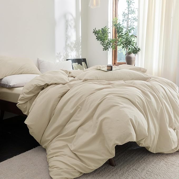 FOSSA Duvet Cover Set 100% Washed Cotton Linen Feel Super Soft Breathable Cozy 3 Pieces Bedding Sets Solid Almond Grey Twin