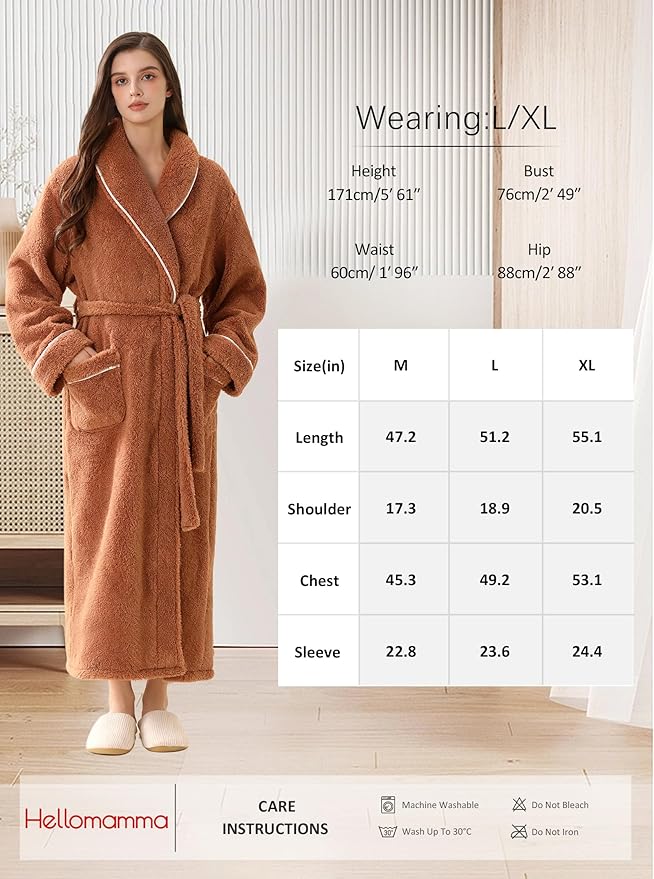 Hellomamma Long Bath Robe for Womens Plush Soft Fleece Bathrobes Nightgown Ladies Pajamas Sleepwear Housecoat