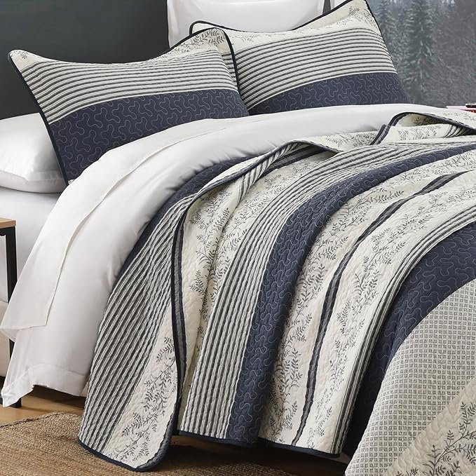 Stripe Queen Quilt Set - 100% Cotton Soft Lightweight 3 Pieces Bedding Set, Vintage Vine Pattern Quilted Bedspread with 2 Pillow Shams, Farmhouse Printed Coverlet for All Season, Navy/Gray