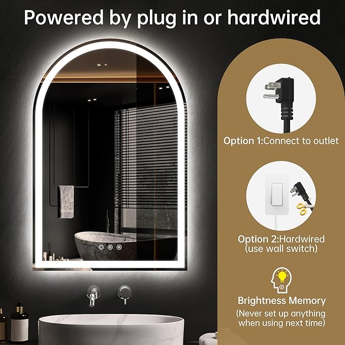 Arched LED Mirror for Bathroom 24"x36"- Frameless Lighted Bathroom Mirror with Lights, Fogless, Dimmable, 3 Color Changing, Shatterproof, Touch Sensor