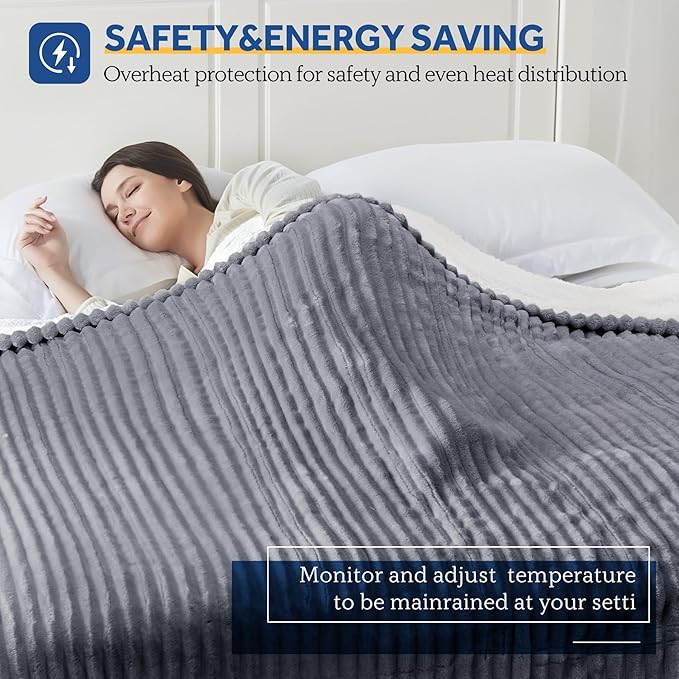 SEALY Electric Blanket Full Size, Soft Ribbed Flannel to Sherpa Reversible Heated Blanket with 10 Heat Settings & 1-12 Hours Auto-Off Overheat Protection, Machine Washable, 72"x84" Light Grey