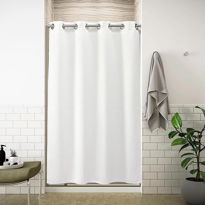 River Dream 54" W Stall No Hook Shower Curtain with Snap in Liner,Cotton Blend Small Shower Curtain for Bathroom,Hotel Quality,Magnets,White,54Wx80L