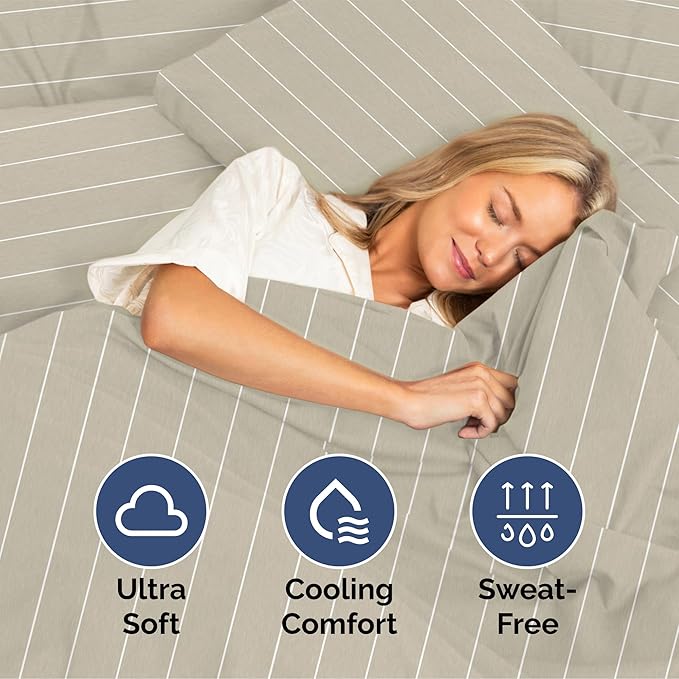 Queen Size 4 Piece Sheet Set - Extra Soft, Breathable & Cooling - Hotel Luxury Durable Bed Sheets - Deep Pockets, Easy-Fit & Wrinkle-Free - Beige Stripes Oeko-Tex
