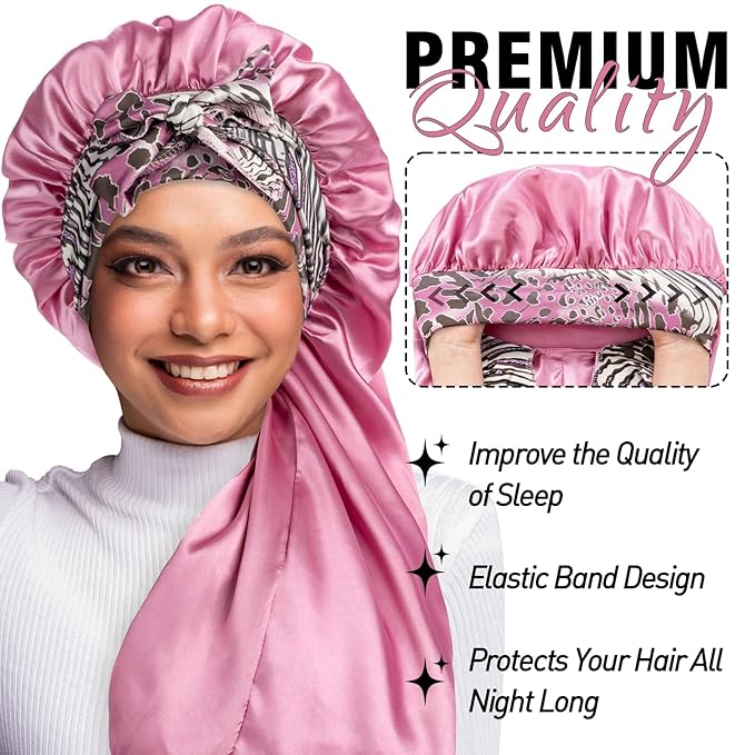 2Pcs Bonnets for Black Women Braid Bonnet, Large Long Satin Silk Bonnet for Braids,Black Women Braid Bonnet with Stretchy Tie Band for Sleeping Extra Long (Purple & Pink Pattern)