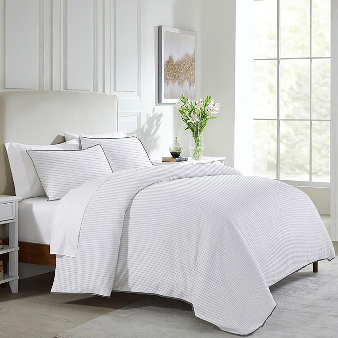 California Design Den 3-Pc King Size Duvet Cover Set, 400 Thread Count 100% Cotton Sateen, Soft Luxury Sateen Weave Comforter Cover and 2 Pillow Shams, Button Closure and Corner Ties (Pinstripe, King)