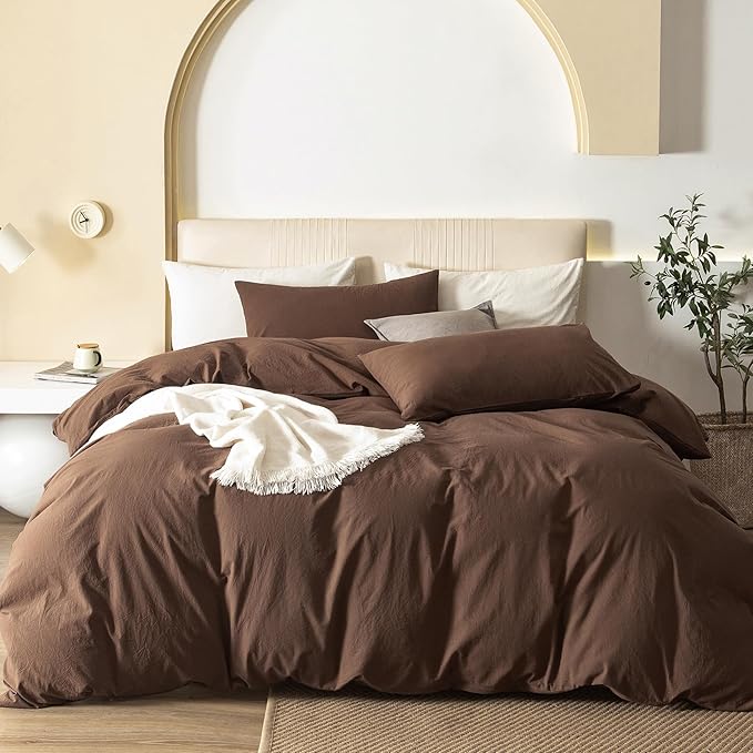 JIYUAN 100% Washed Cotton Duvet Cover Set 3 Pieces Super Queen, 1 Duvet Cover 90x98 Inches(Comforter Not Included) and 2 Pillowcases,Linen Feel Bedding Set Comfy and Breathable,Chocolate Brown