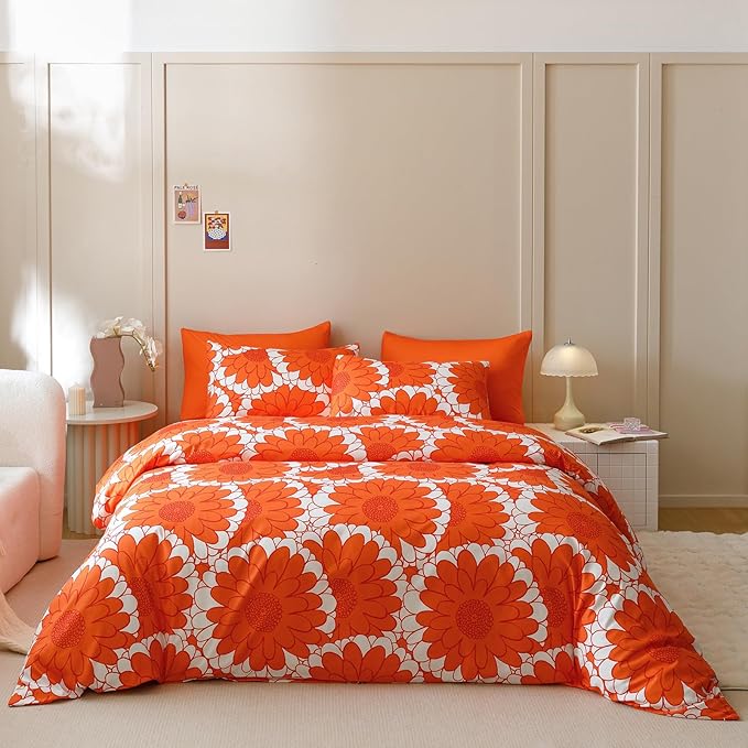 KAREVER Orange Sunflower Comforter Set Twin Size Orange Sunflower Bedding Set 3 PCs Comforter Set Twin Size Fluffy Linen Comforter Sets