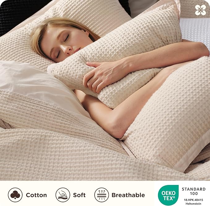 Bedsure Cotton Duvet Cover Set - 100% Cotton Waffle Weave Beige Duvet Cover Oversized King Size, GentleSoft™ and Breathable Bedding Set for All Season, 3 Pieces, 120"x98"