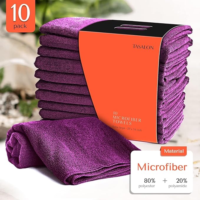 TASALON Microfiber Hair Towel for Salon - 10 Pack - 29 x 16 Inches, Quick Dry and Ultra-Soft Facial Towels with Soft Absorbant (Purple)
