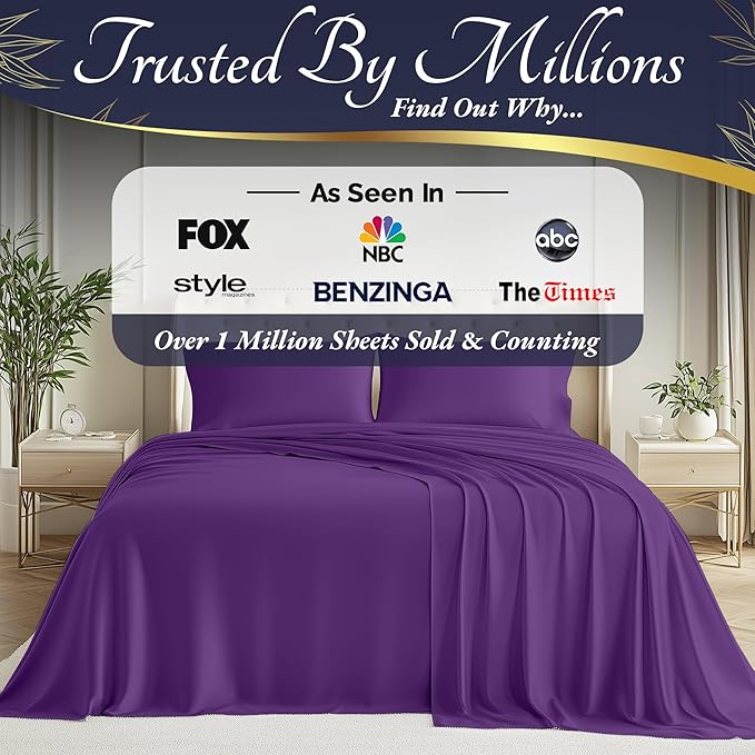 DECOLURE 100% Viscose Derived from Bamboo Sheets King Size 4pcs - Ultra Soft & Luxuriously Cooling, 17" Deep Pocket, Double Stitching, Perfect for Hot Sleepers - King Bed Sheets (Purple)