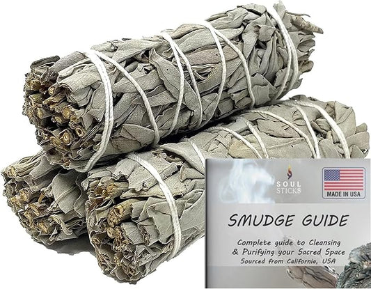 SOUL STICKS 4 Inch 3 Pack Organic White Sage Smudge Smudging Sticks | Bulk Quantities for Home Cleansing, Good Energy Meditation & Smudging Rituals | Sustainably Sourced California White Sage Bundle