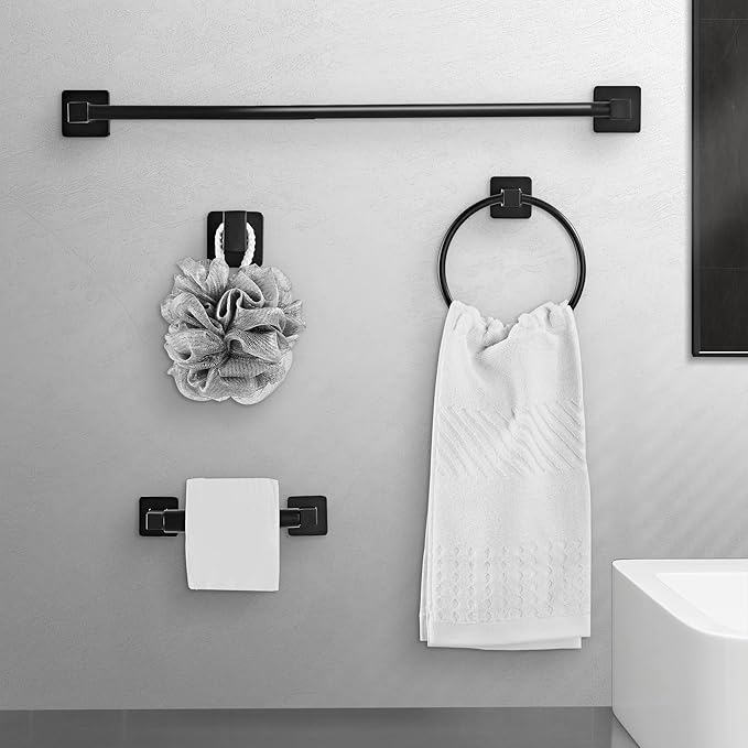 Matte Black Bathroom Hardware Set 4 Pieces,Bathroom Accessories Set Stainless Steel Wall Mounted, Hand Towel Bar, Towel Ring, Robe Towel Hooks,Toilet Paper Holder,Towel Bar Set, 23.6 Inch
