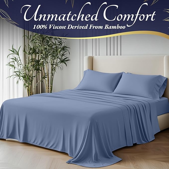 DECOLURE 100% Viscose Derived from Bamboo Sheets Cal King Size 4pcs - Ultra Soft & Luxuriously Cooling, 17" Deep Pocket,Double Stitching,Perfect for Hot Sleepers - King Bed Sheets (Light Blue)