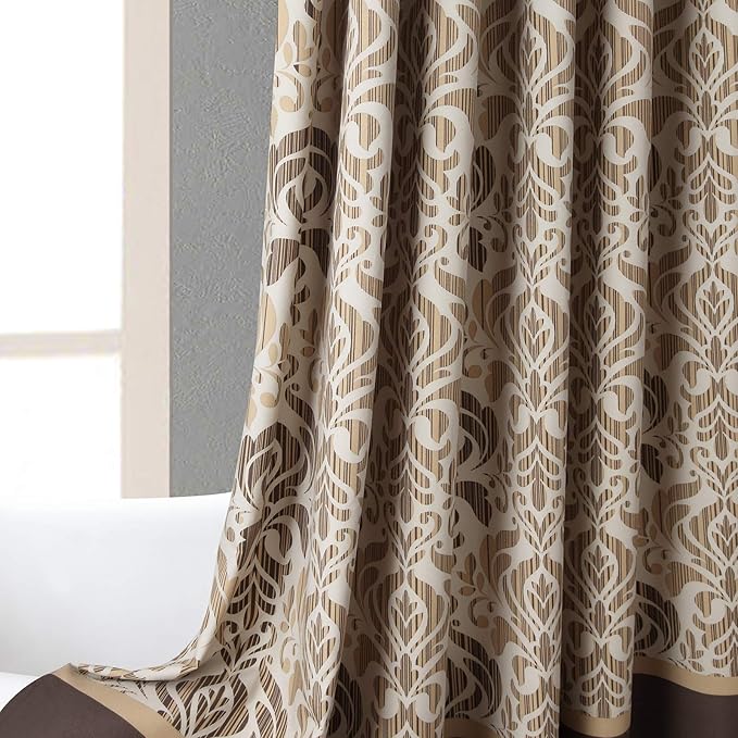 Brown Fabric Shower Curtain, Tan and Golden Printed Boho Paisley Damask Pattern Shower Curtains for Bathroom, Waterproof Bathroom Curtains, 72" W x 72" H