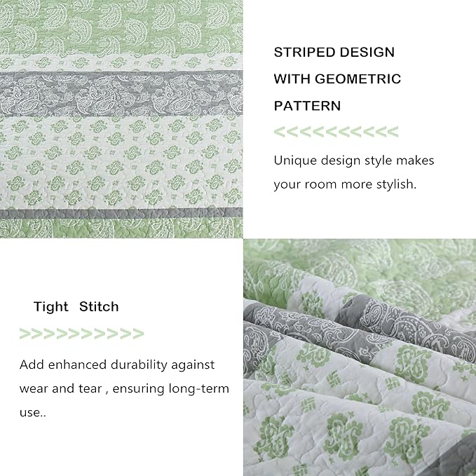 Quilts Queen Size, Cotton Comforter Set, Sage Green Bedding Queen Size, Farmhouse Striped Bedspreads, Lightweight All Seasons 3 Piece