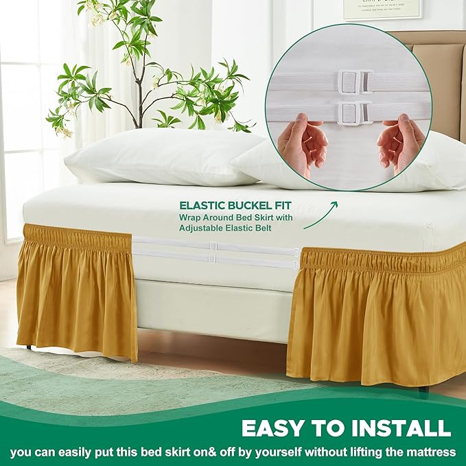 Biscaynebay Wrap Around Bed Skirts for Queen Beds 16" Drop, Gold Adjustable Elastic Dust Ruffles Easy Fit Wrinkle Resistant Silky Luxurious Fabric Machine Washable