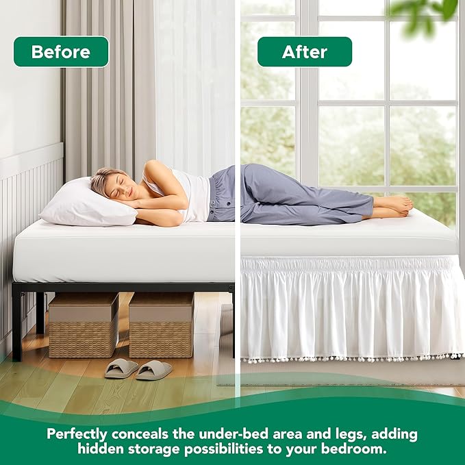 Biscaynebay Wrap Around Bed Skirts with Pompom for King Beds 15" Drop, White Adjustable Elastic Dust Ruffles Easy Fit Wrinkle & Fade Resistant Silky Luxurious Fabric Machine Washable