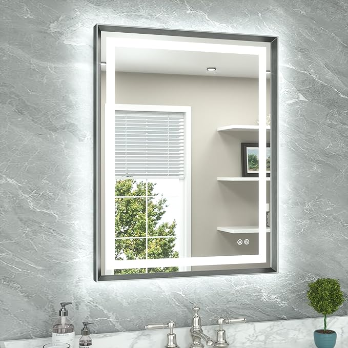 TETOTE 28 x 36 Bathroom LED Mirror Brushed Gunmetal Gray Frame Frontlit & Backlit Vanity Mirror Anti-Fog Stepless Dimmable 3 Colors White/Warm/Natural Wall-Mounted