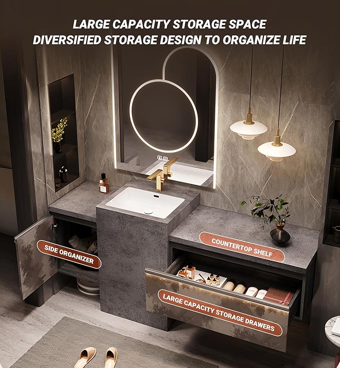 Single Sink Freestanding Bath Vanity, Modern Bath Vanity with LED Smart Mirror, 48IN Solid Wood Floating Bathroom Sink Cabinet with Marble Slate Top and Large Storage Drawer