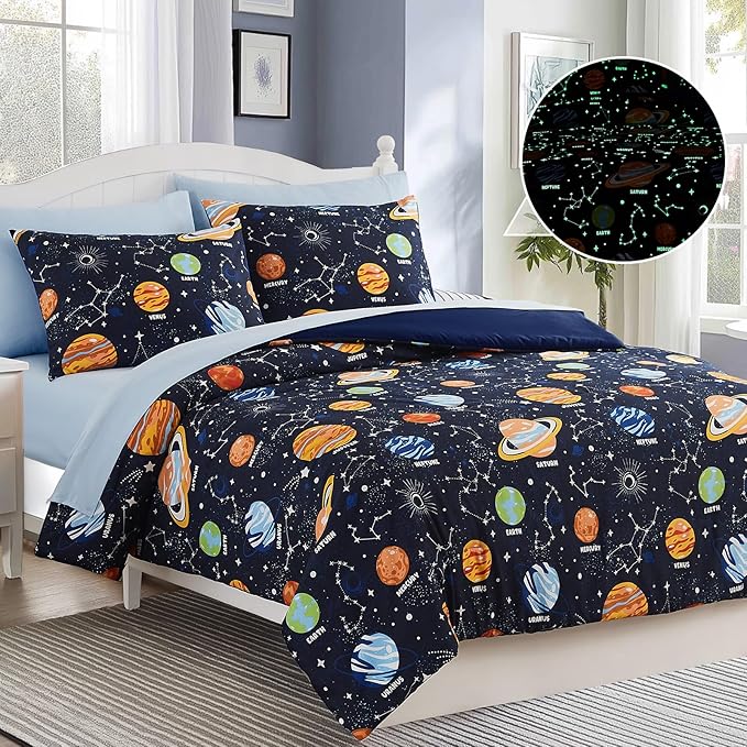 Twin Comforter Set for Boys-5 Pieces Space Glow in The Dark Twin Bedding Sets for Kids, Ultra Soft Bed in A Bag with Sheets