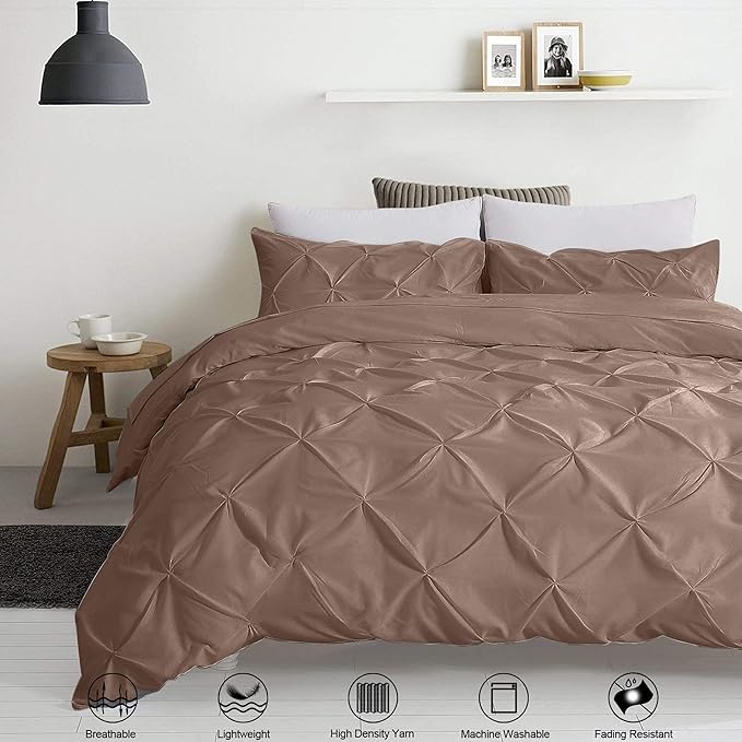 Pinch Pleated Duvet Cover Set 100% Brushed Microfiber 3PC Oversize Size 98x120 Duvet Cover Set, Decorative Pinch Design Taupe Duvet Cover with Matching Pillow Case
