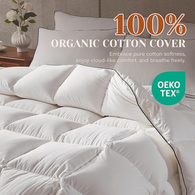 Goose Feather Down Fiber Cotton Comforter Oversize King Size, Ultra-Soft Duvet Insert, Hotel Collection White Quilted Comforter, All Season Bedding Comforter with 8 Corner Loops, 116x98 Inch