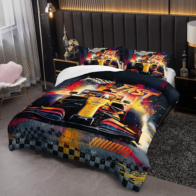 F1 Race Car Comforter Set Twin for Boys，Boys Twin Size Bedding Set Race Car，with 1 Comforter with 2 Pillow Case，F1 Race Car Themed Bedroom Decor