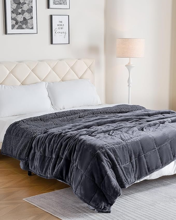 Cottonblue Sherpa Fleece Weighted Blanket 15 lbs for Adult, Soft Fuzzy Sherpa Fleece Weighted Blankets Full Size, Flannel Cozy Heavy Blankets for Sofa Bed, 48 x 72 inches, Dark Grey