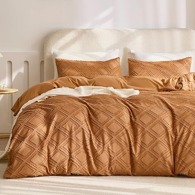 JELLYMONI Duvet Cover Queen Size Rust - 3PCS Boho Duvet Cover Set Plaid Polyester Tufted Bohemian Jacquard Knit Textured Comforter Cover 90×90in Rhombic Geometric Pattern Zipper Corner Tie