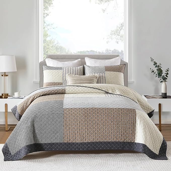 Uniclinens Quilt Set Queen Size, 100% Cotton Quilted Quilt Bedding Set Bedspread, Patchwork Plaid Quilt, Lightweight Quilted Comforter Set, 3 Pieces Set with 2 Pillowshams, Brown/Beige/Gray