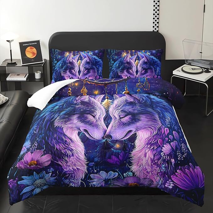 Purple Wolf Bedding Comforter Set Full Size，Dreamcatcher Flower Quilt Bedding Set Full，with 1 Comforter with 2 Pillow Case，Wolf Bedroom Decor for Kids Girls Boy