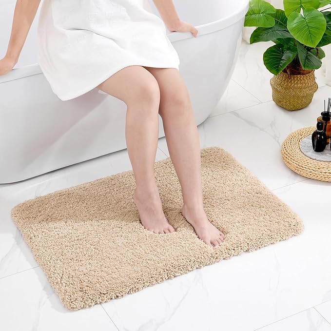 Small Bathroom Rug 17x24 Non Slip Beige Fluffy Bath Mat for Bathroom Floor Washable Plush Luxury Bath Rug for Tub Soft Shaggy Absorbent Shower Mat