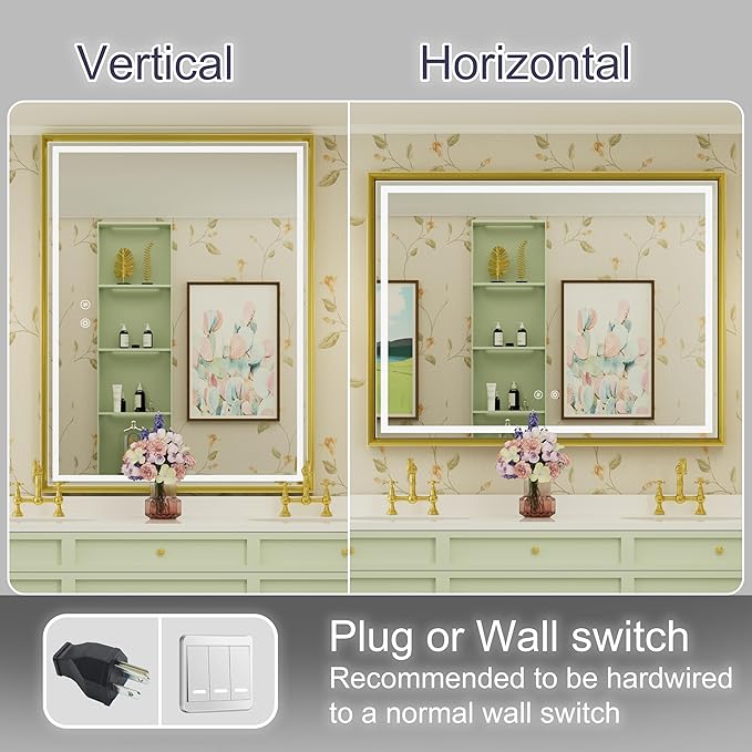 40x30 Inch Gold LED Mirror for Bathroom, 3 Color Temperatures (3000K/4500K/6000K), Anti-Fog, Dimmable Lights, Memory Function, Horizontal/Vertical Wall Mounted
